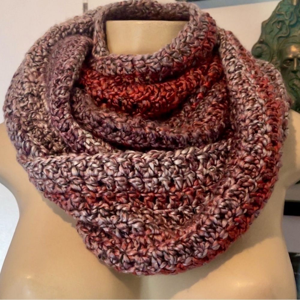 Hand made Crocheted Long Infinity Scarf Multicolor